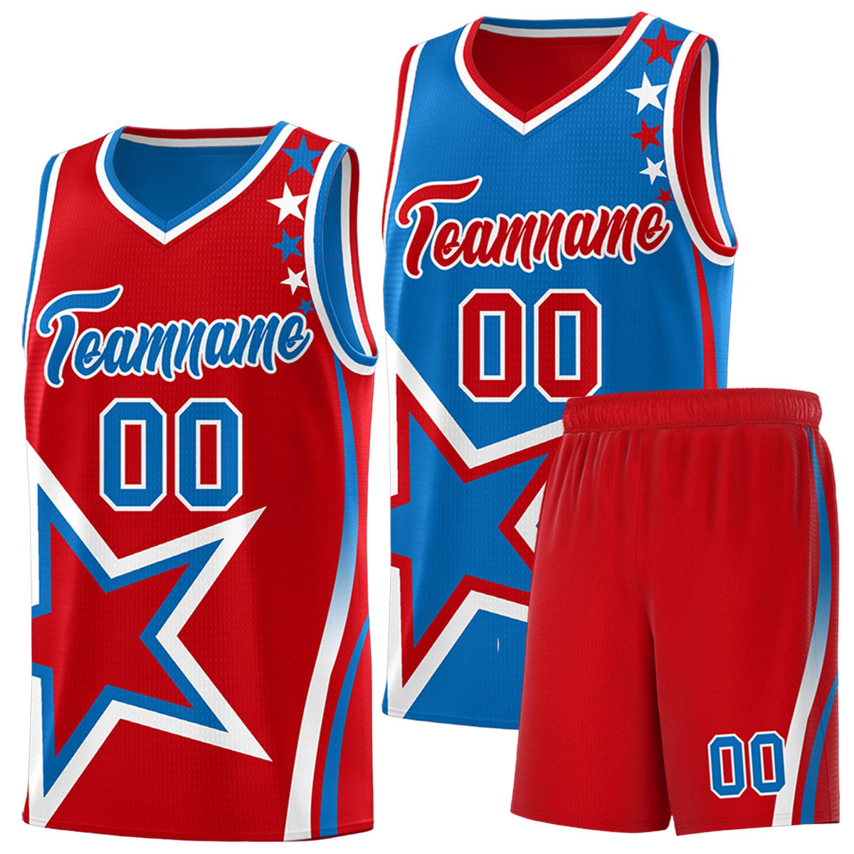 Custom Red Royal Reversible Color Block Start Pattern Sports Uniform Basketball Jersey Kits