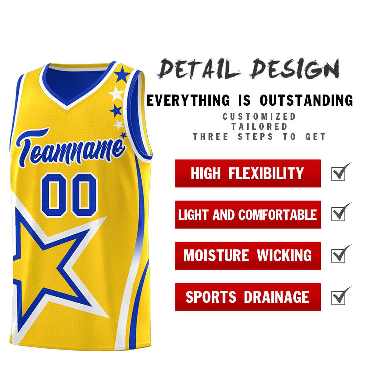 Custom Royal Gold Reversible Color Block Start Pattern Sports Uniform Basketball Jersey Kits