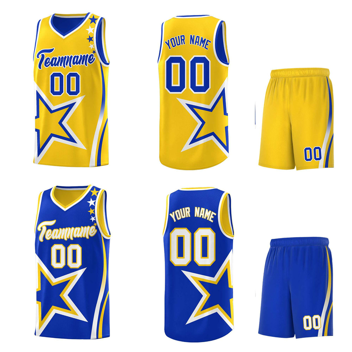 Custom Royal Gold Reversible Color Block Start Pattern Sports Uniform Basketball Jersey Kits