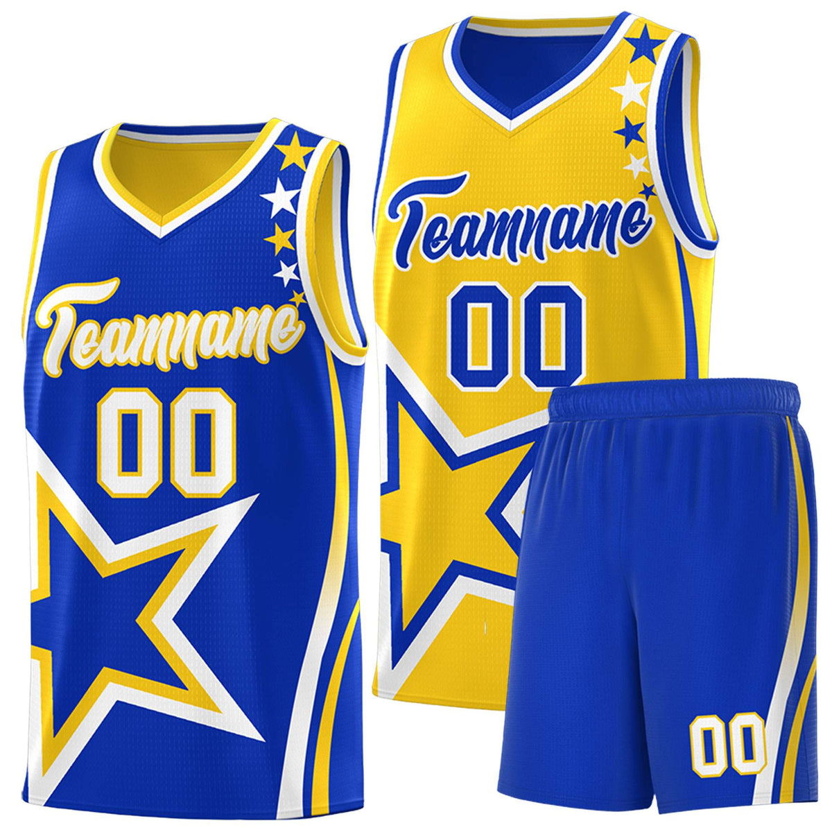 Custom Royal Gold Reversible Color Block Start Pattern Sports Uniform Basketball Jersey Kits