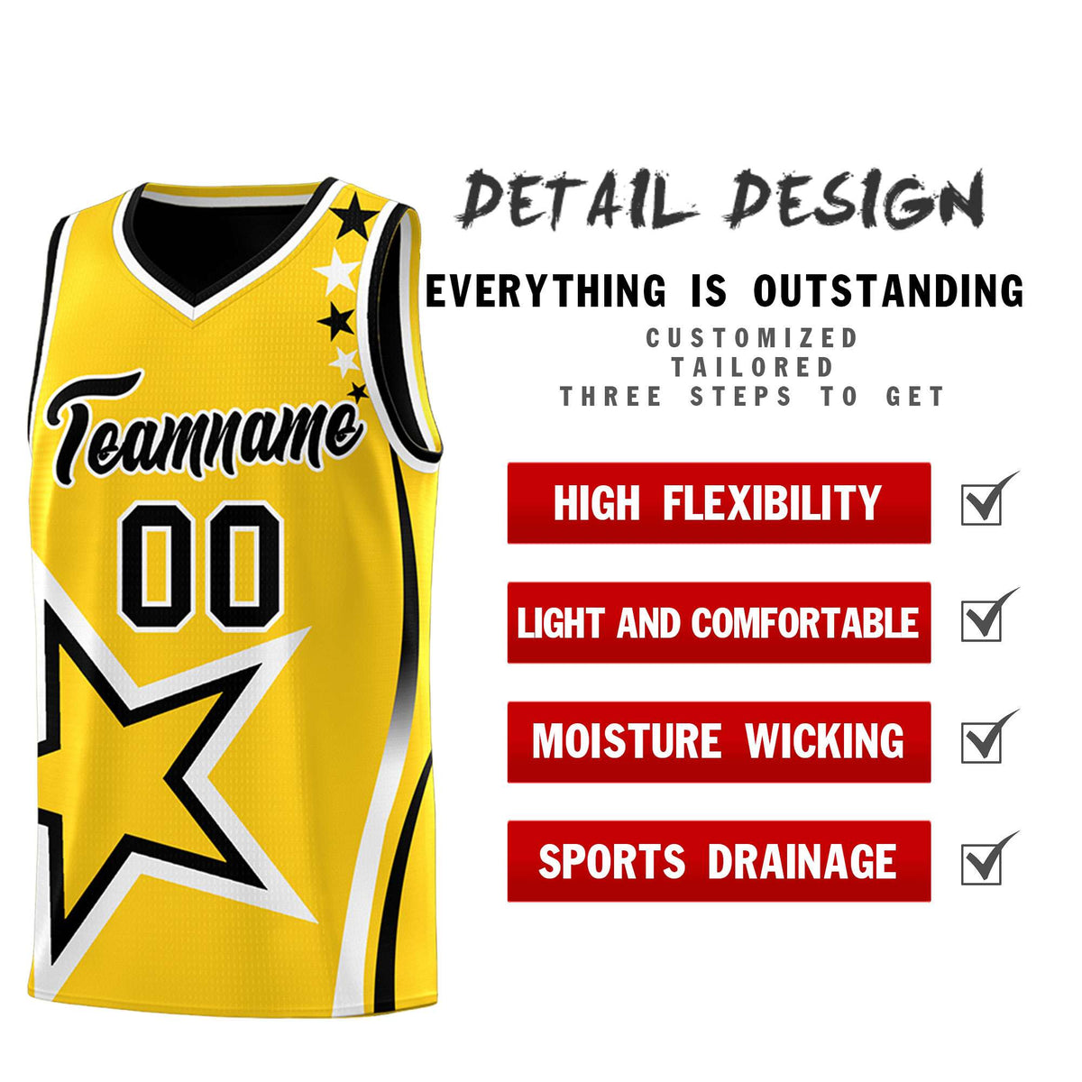 Custom Black Gold Reversible Color Block Start Pattern Sports Uniform Basketball Jersey Kits
