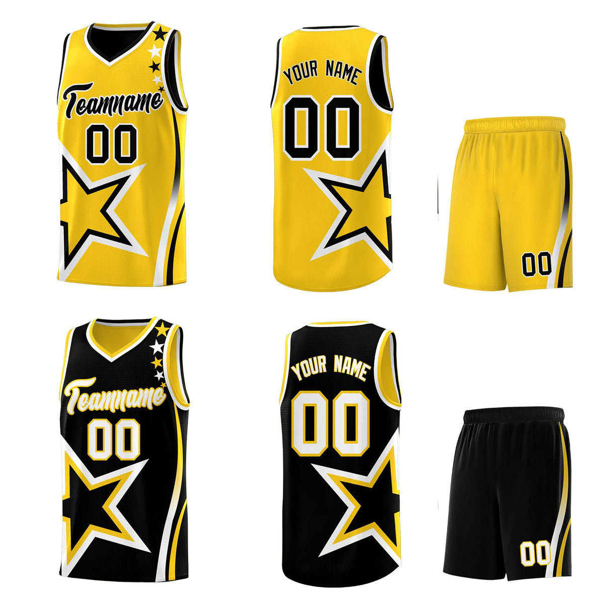 Custom Black Gold Reversible Color Block Start Pattern Sports Uniform Basketball Jersey Kits