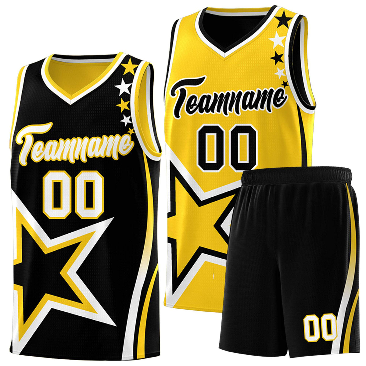 Custom Black Gold Reversible Color Block Start Pattern Sports Uniform Basketball Jersey Kits
