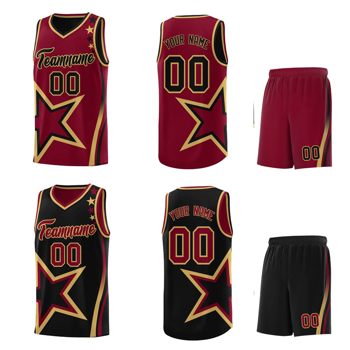 Custom Black Crimson Reversible Color Block Start Pattern Sports Uniform Basketball Jersey Kits