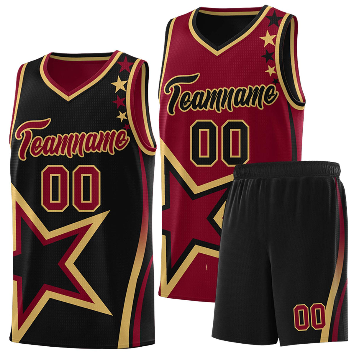 Custom Black Crimson Reversible Color Block Start Pattern Sports Uniform Basketball Jersey Kits