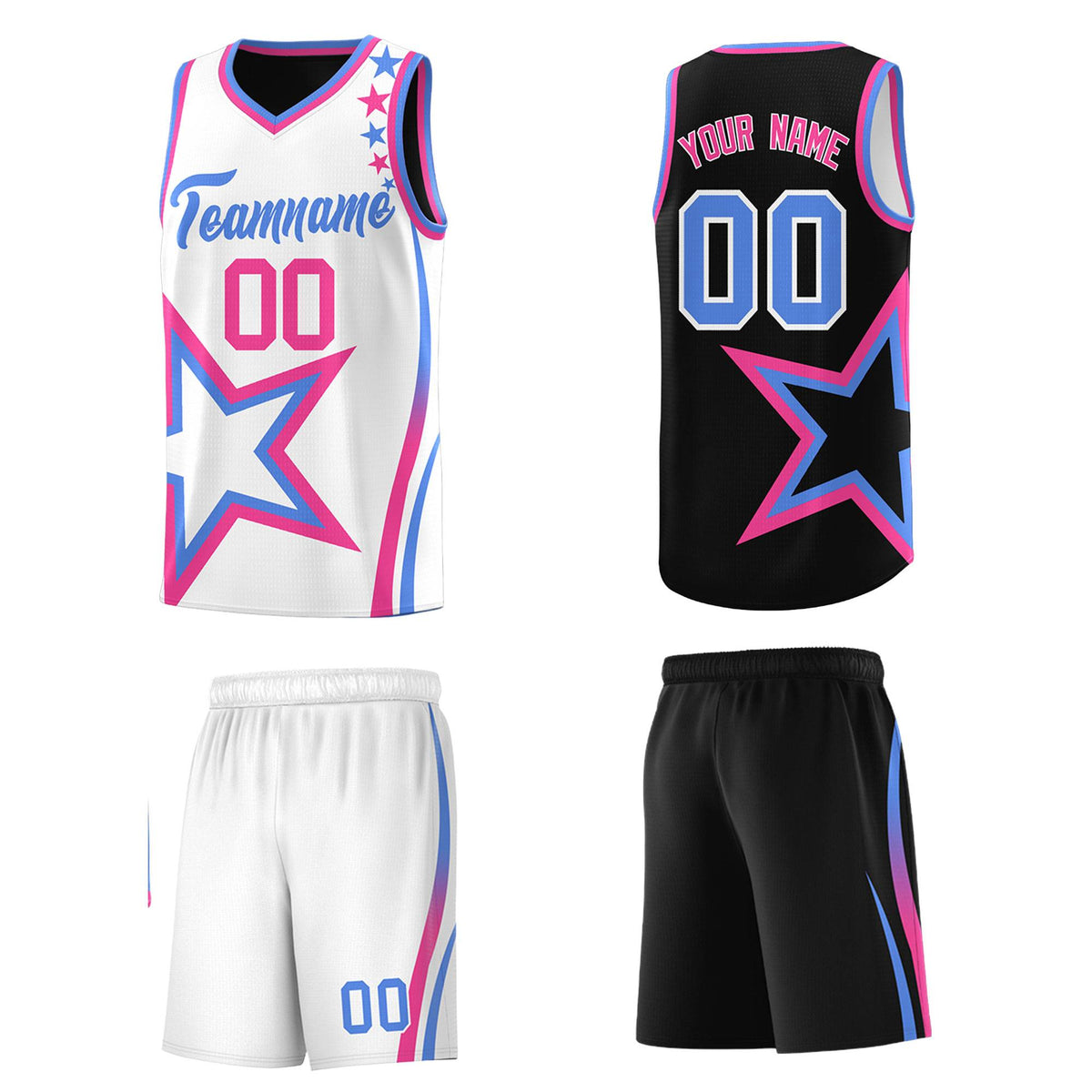 Custom Black White Reversible Color Block Start Pattern Sports Uniform Basketball Jersey Kits