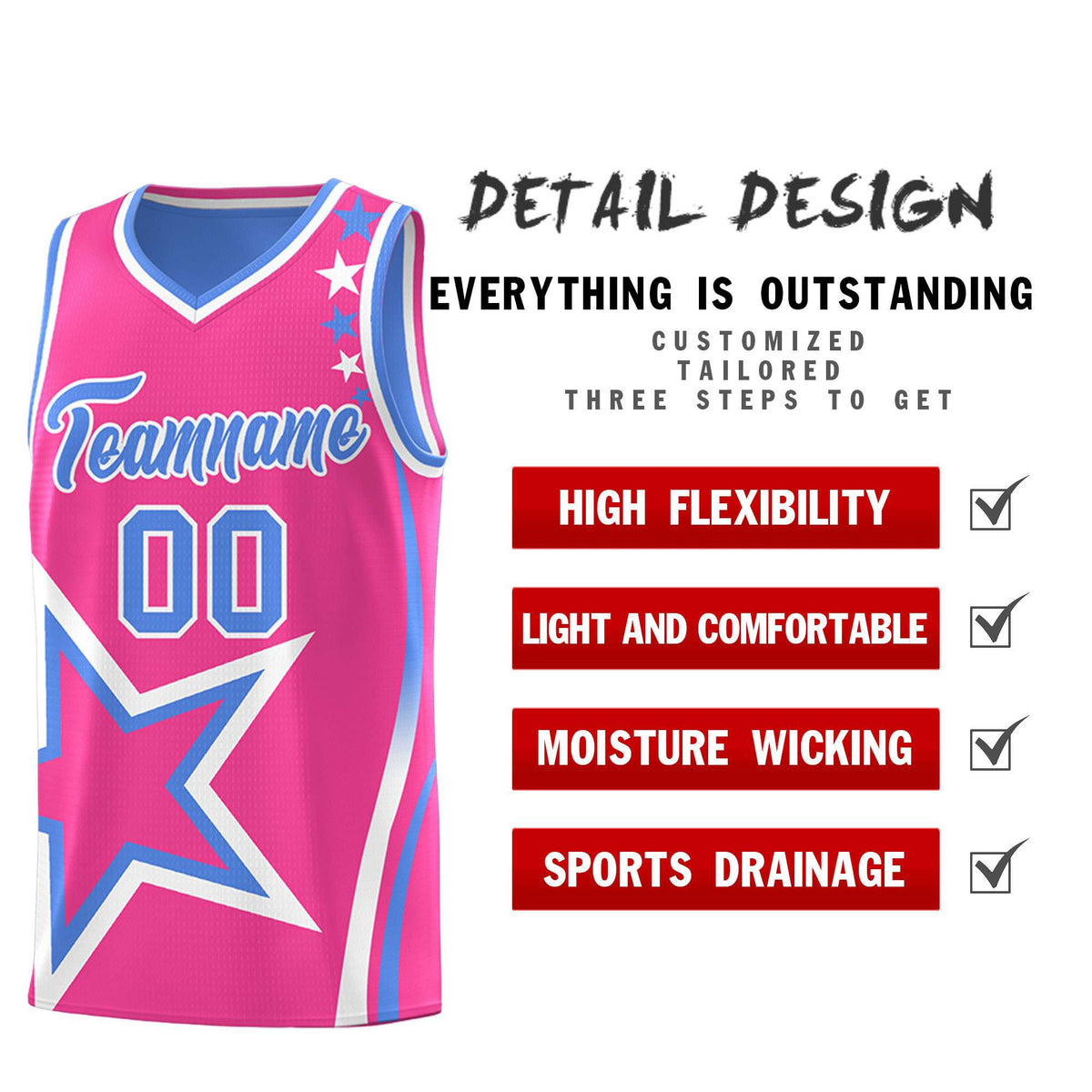 Custom Light Blue Pink Reversible Color Block Start Pattern Sports Uniform Basketball Jersey Kits