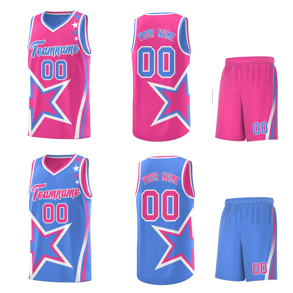 Custom Light Blue Pink Reversible Color Block Start Pattern Sports Uniform Basketball Jersey Kits