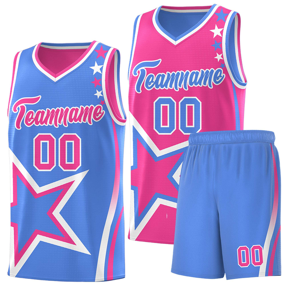 Custom Light Blue Pink Reversible Color Block Start Pattern Sports Uniform Basketball Jersey Kits