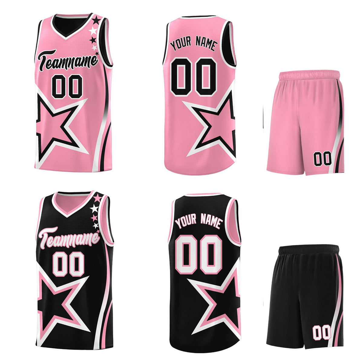 Custom Black Light Pink Reversible Color Block Start Pattern Sports Uniform Basketball Jersey Kits