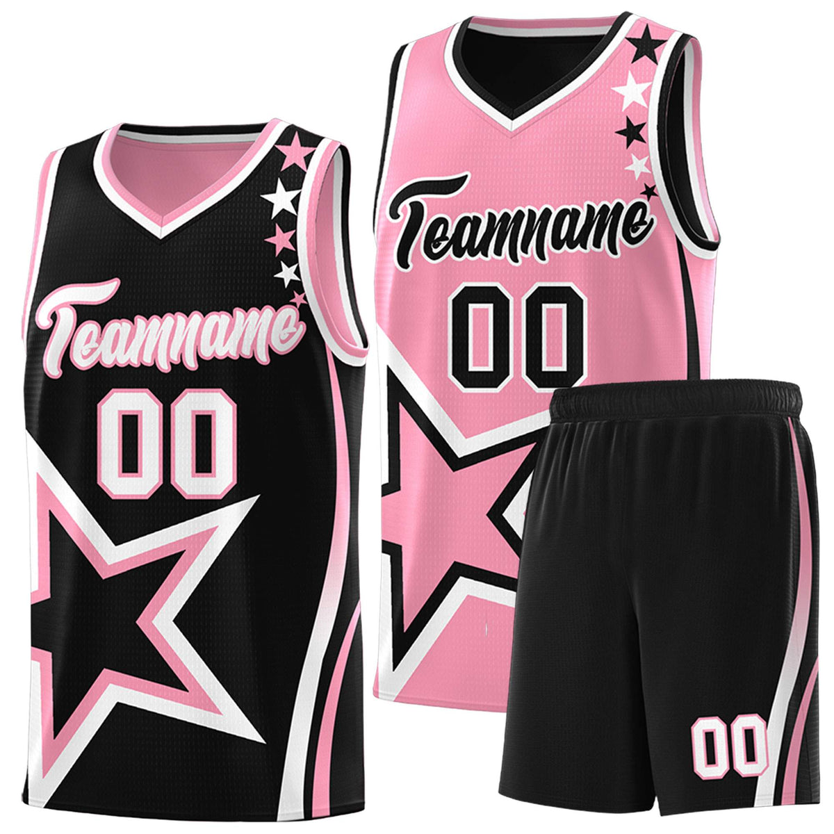 Custom Black Light Pink Reversible Color Block Start Pattern Sports Uniform Basketball Jersey Kits