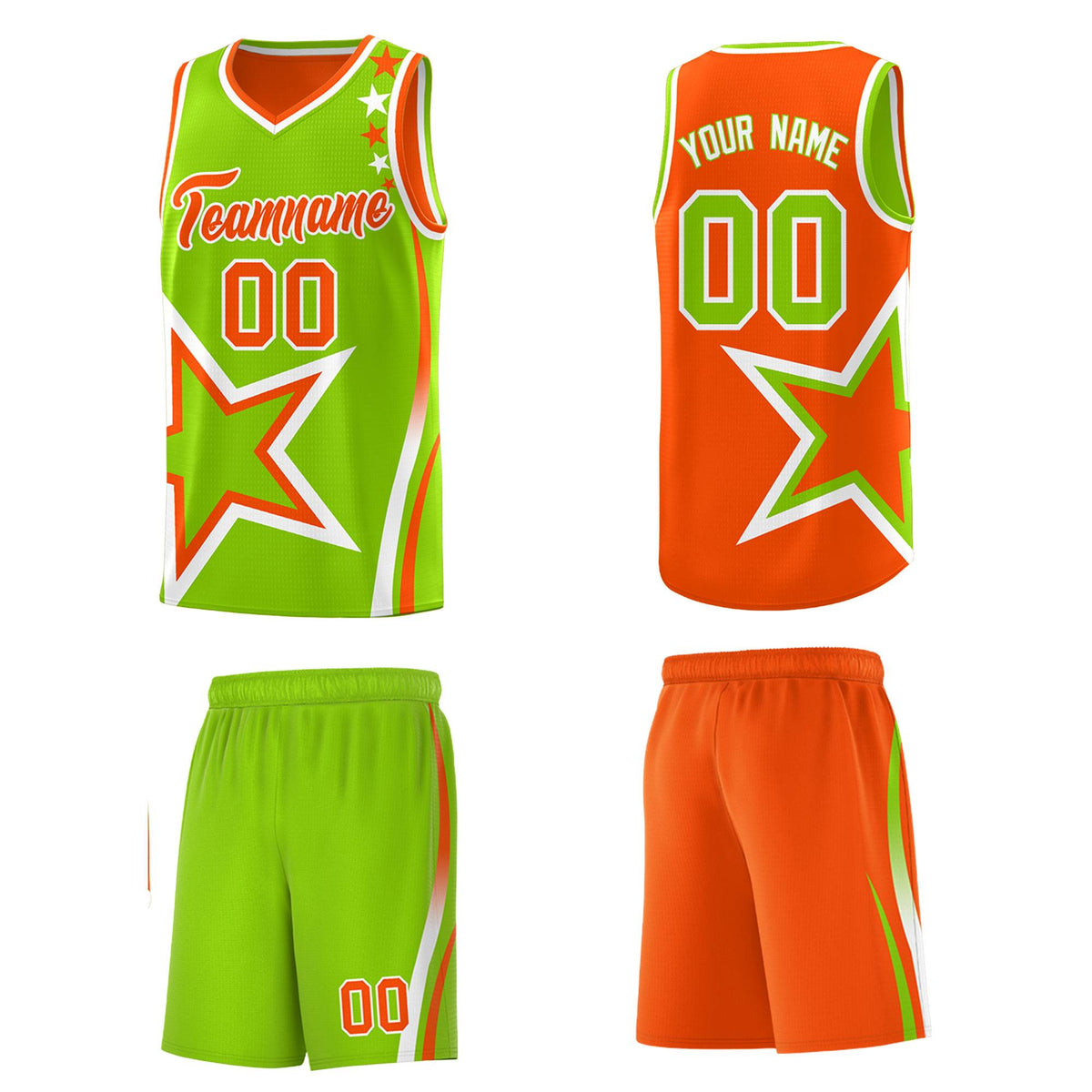 Custom Orange Neon Green Reversible Color Block Start Pattern Sports Uniform Basketball Jersey Kits