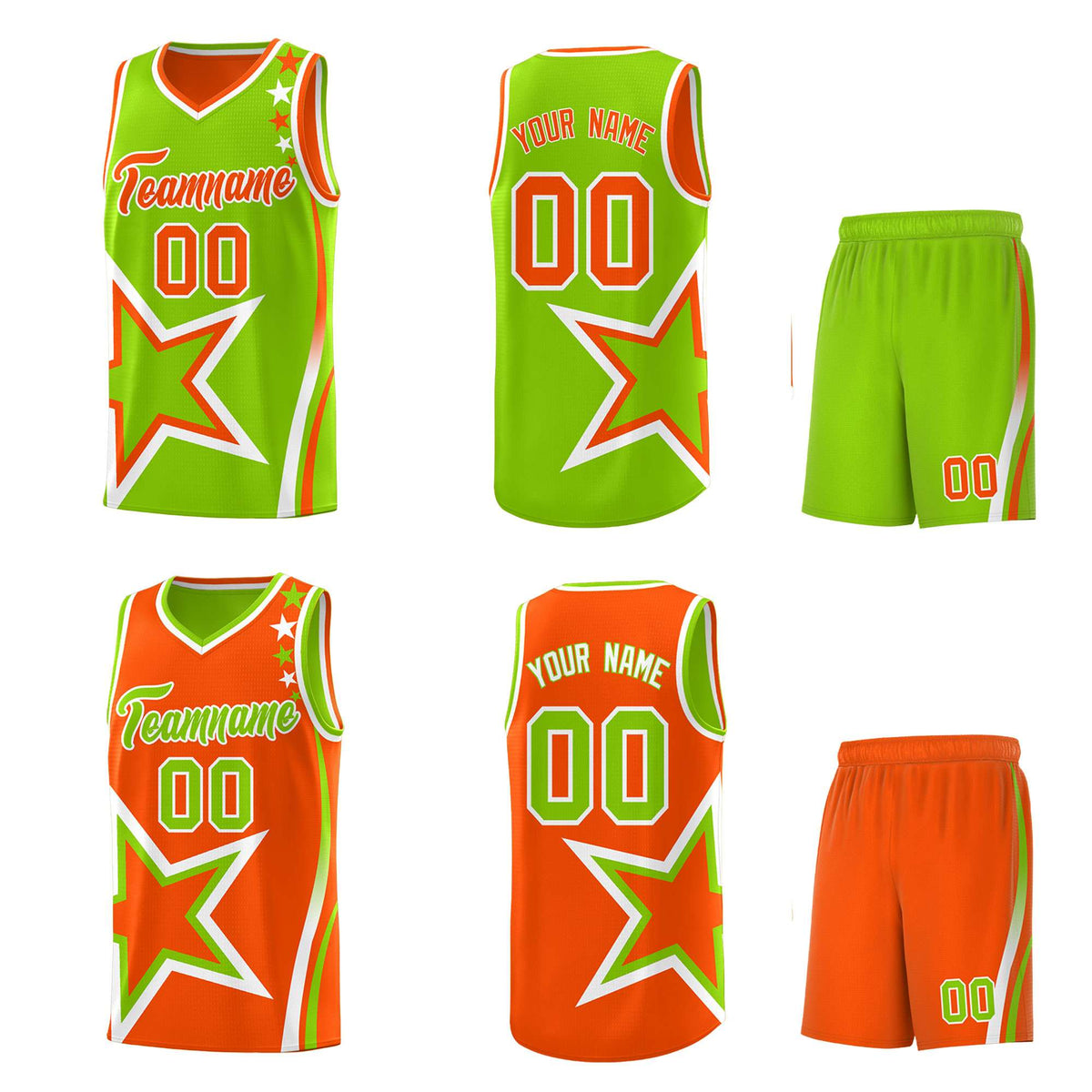 Custom Orange Neon Green Reversible Color Block Start Pattern Sports Uniform Basketball Jersey Kits