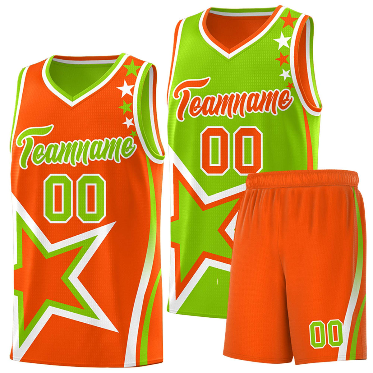 Custom Orange Neon Green Reversible Color Block Start Pattern Sports Uniform Basketball Jersey Kits