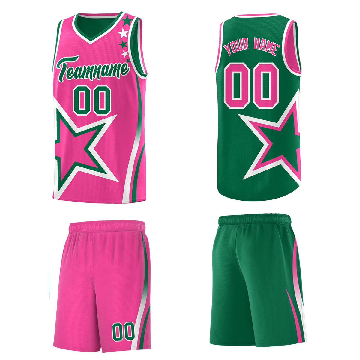 Custom Kelly Green Pink Reversible Color Block Start Pattern Sports Uniform Basketball Jersey Kits