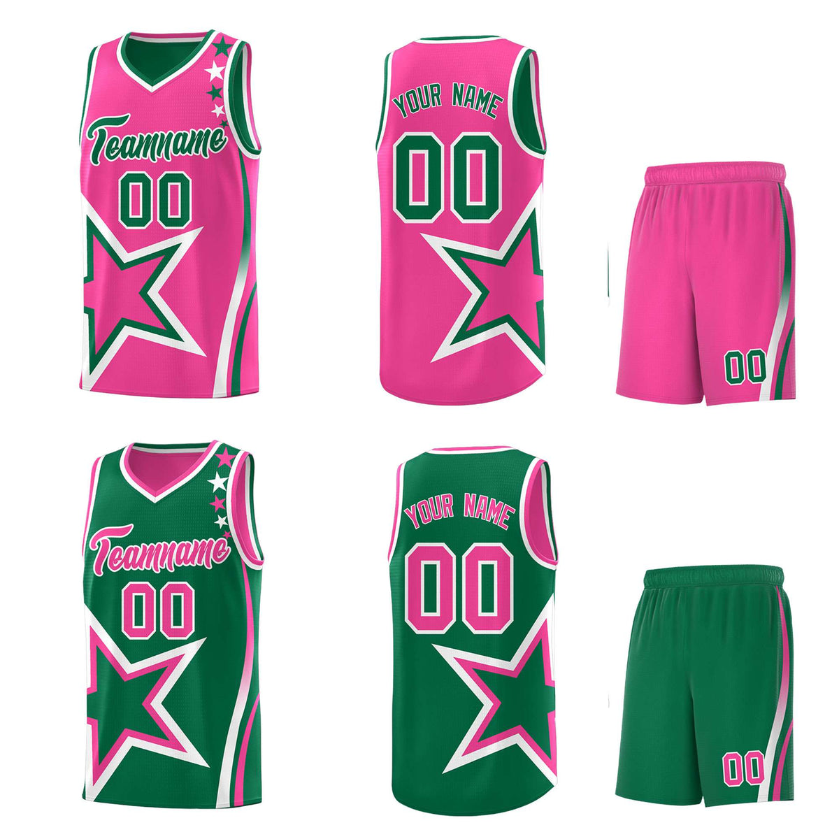Custom Kelly Green Pink Reversible Color Block Start Pattern Sports Uniform Basketball Jersey Kits