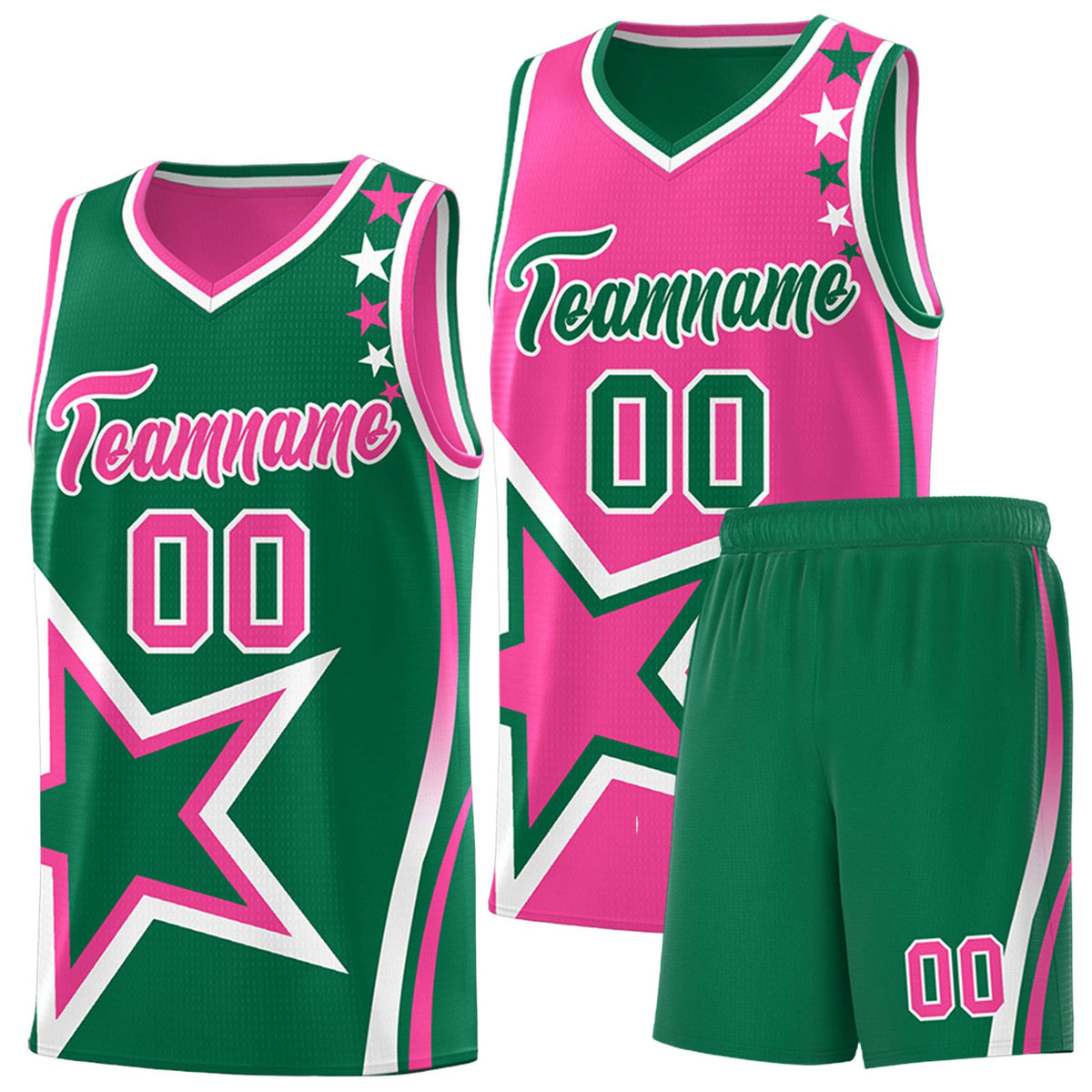 Custom Kelly Green Pink Reversible Color Block Start Pattern Sports Uniform Basketball Jersey Kits