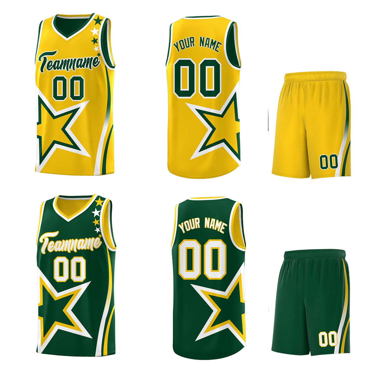 Custom Green Gold Reversible Color Block Start Pattern Sports Uniform Basketball Jersey Kits