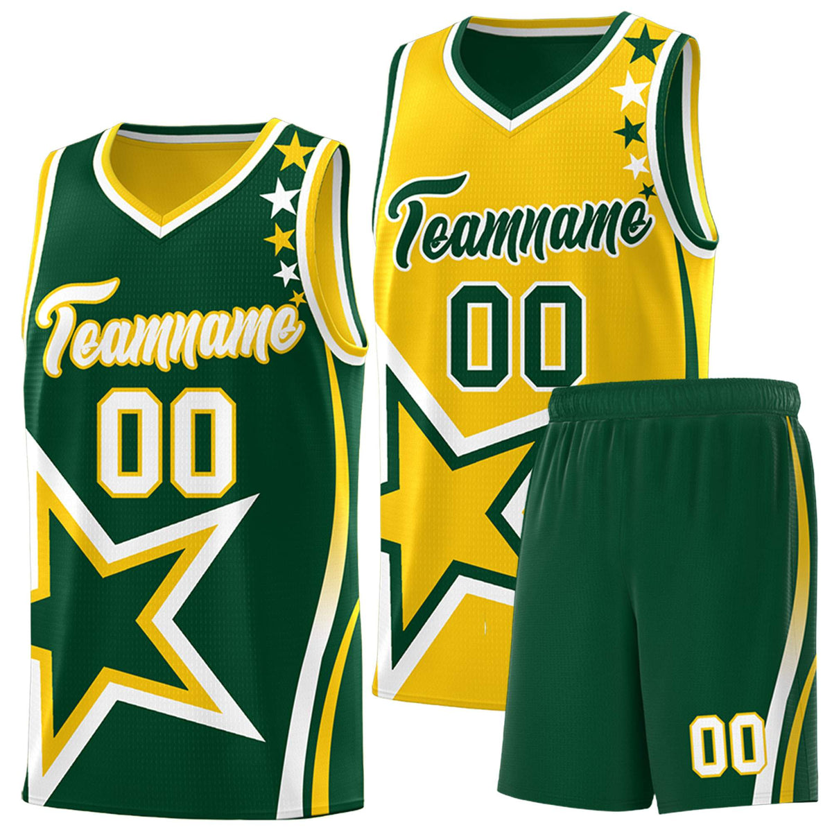 Custom Green Gold Reversible Color Block Start Pattern Sports Uniform Basketball Jersey Kits