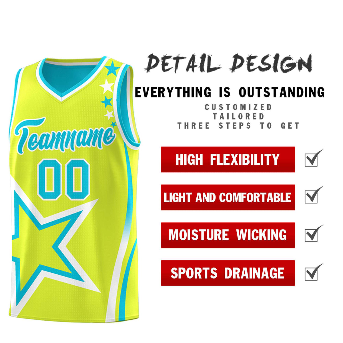 Custom Sky Blue Fluorescent Green Reversible Color Block Start Pattern Sports Uniform Basketball Jersey Kits