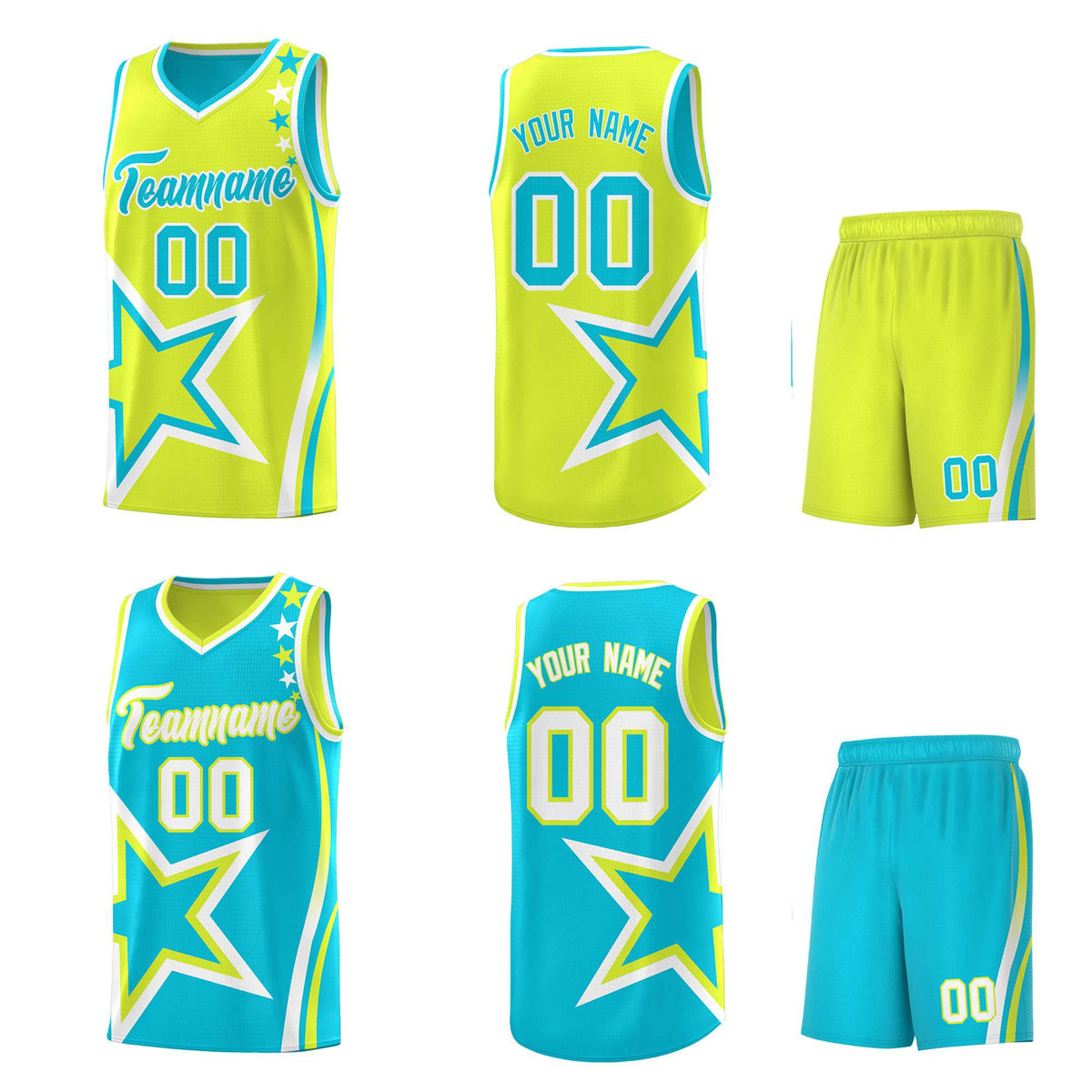Custom Sky Blue Fluorescent Green Reversible Color Block Start Pattern Sports Uniform Basketball Jersey Kits