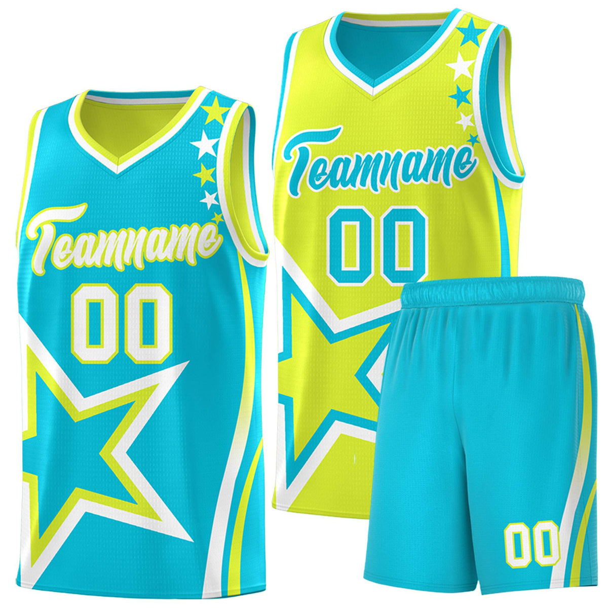 Custom Sky Blue Fluorescent Green Reversible Color Block Start Pattern Sports Uniform Basketball Jersey Kits
