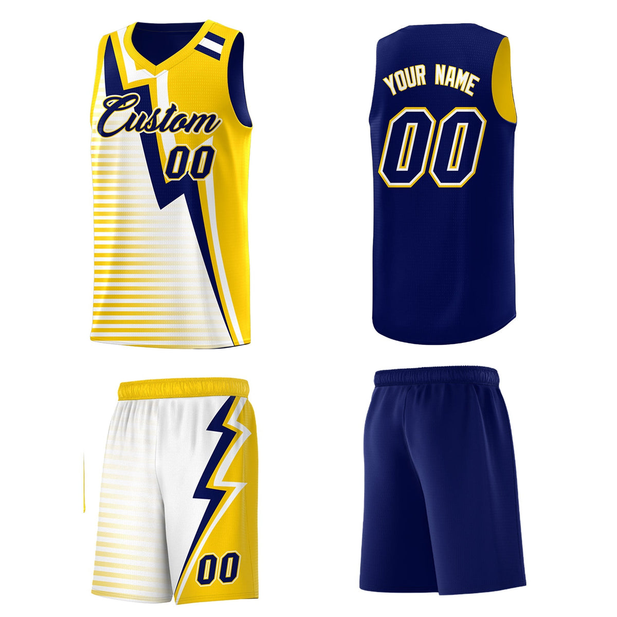 Custom Navy Gold White Gradient Stripes Lightning Pattern Reversible Sets Basketball Jersey| KXKSHOP