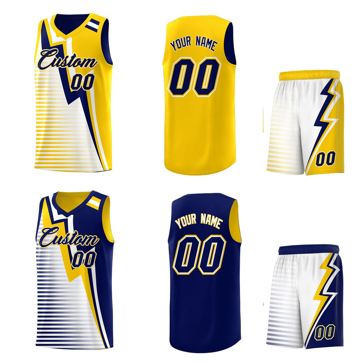 Custom Navy Gold White Gradient Stripes Lightning Pattern Reversible Sets Basketball Jersey| KXKSHOP