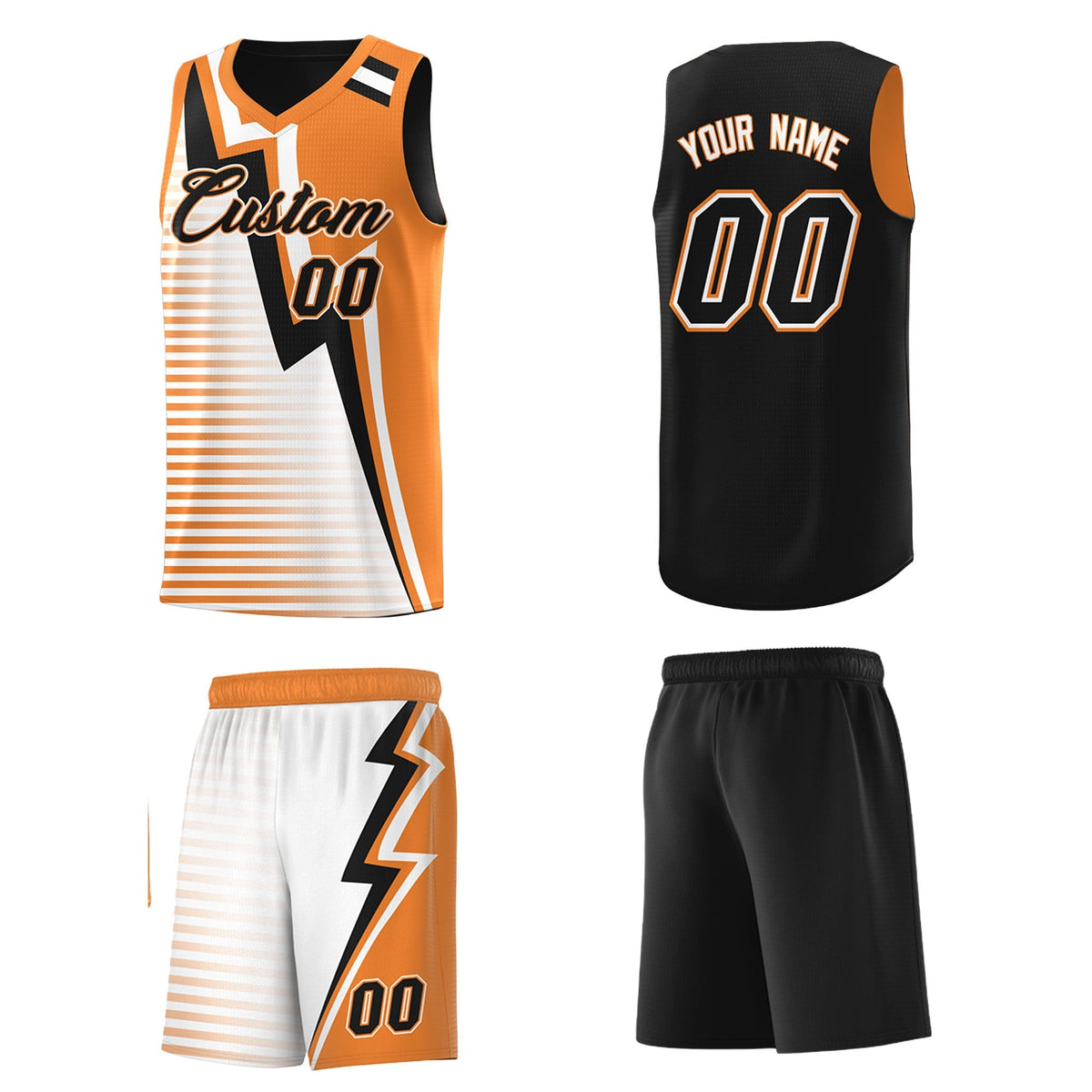 Custom Black Gold Orange White Gradient Stripes Lightning Pattern Reversible Sets Basketball Jersey| KXKSHOP