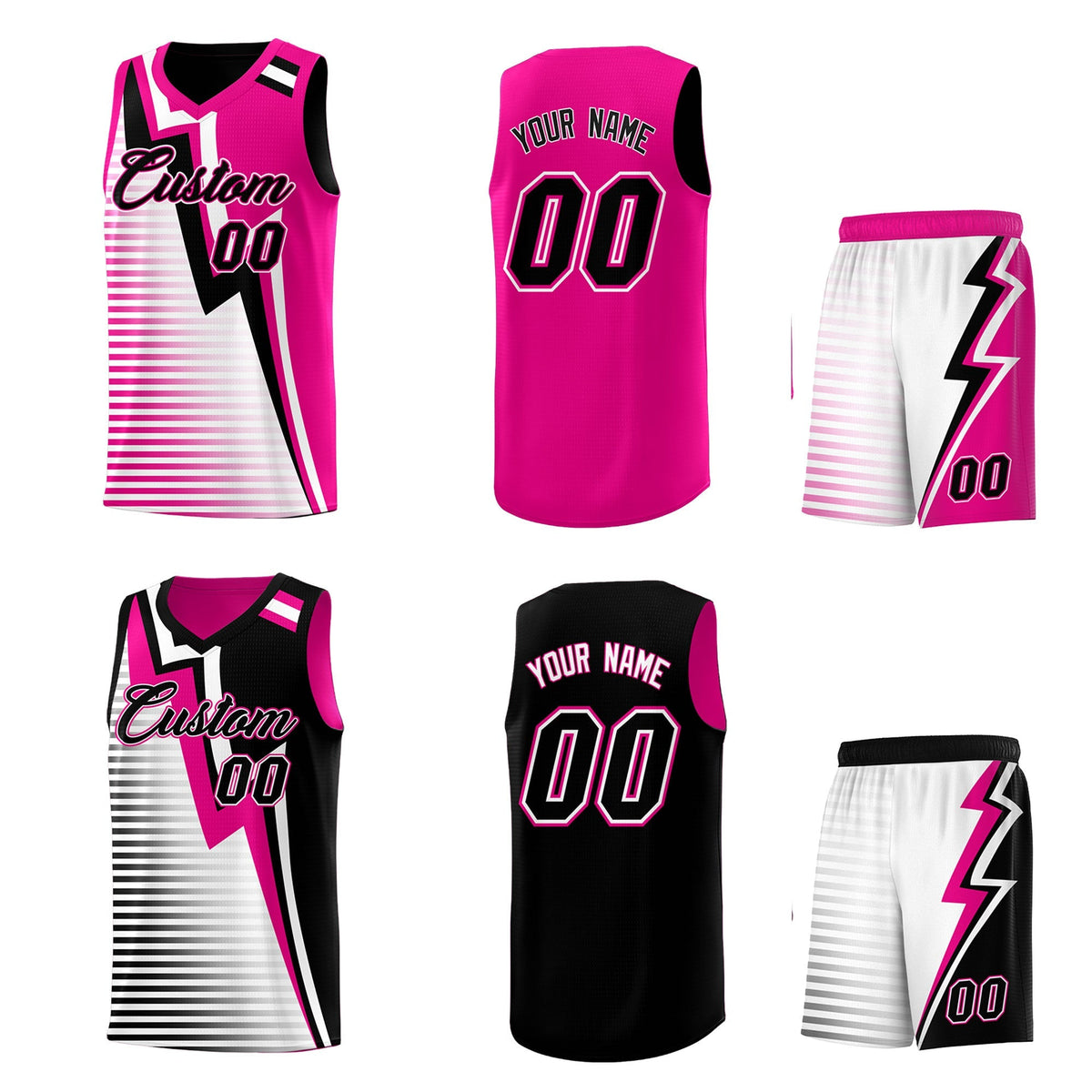 Custom Black Pink White Gradient Stripes Lightning Pattern Reversible Sets Basketball Jersey| KXKSHOP
