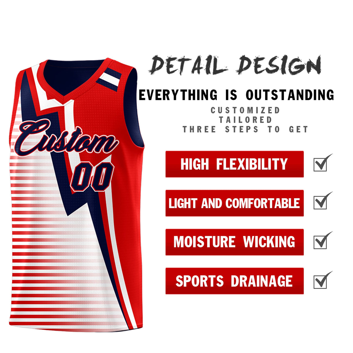 Custom Navy Red White Gradient Stripes Lightning Pattern Reversible Sets Basketball Jersey| KXKSHOP
