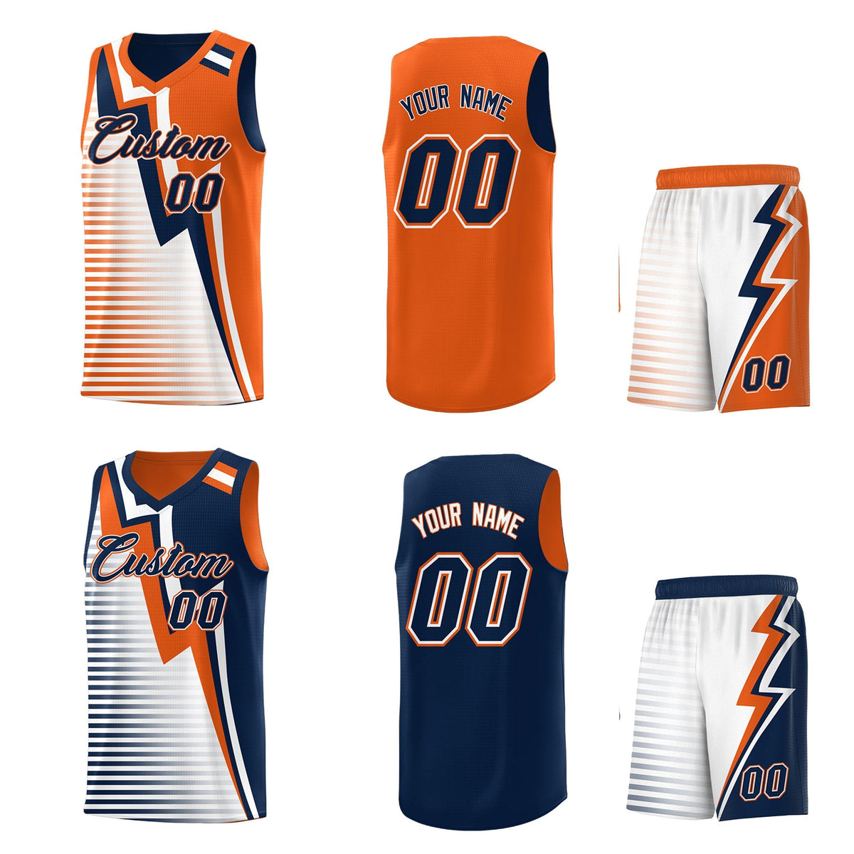 Custom Navy Orange White Gradient Stripes Lightning Pattern Reversible Sets Basketball Jersey| KXKSHOP