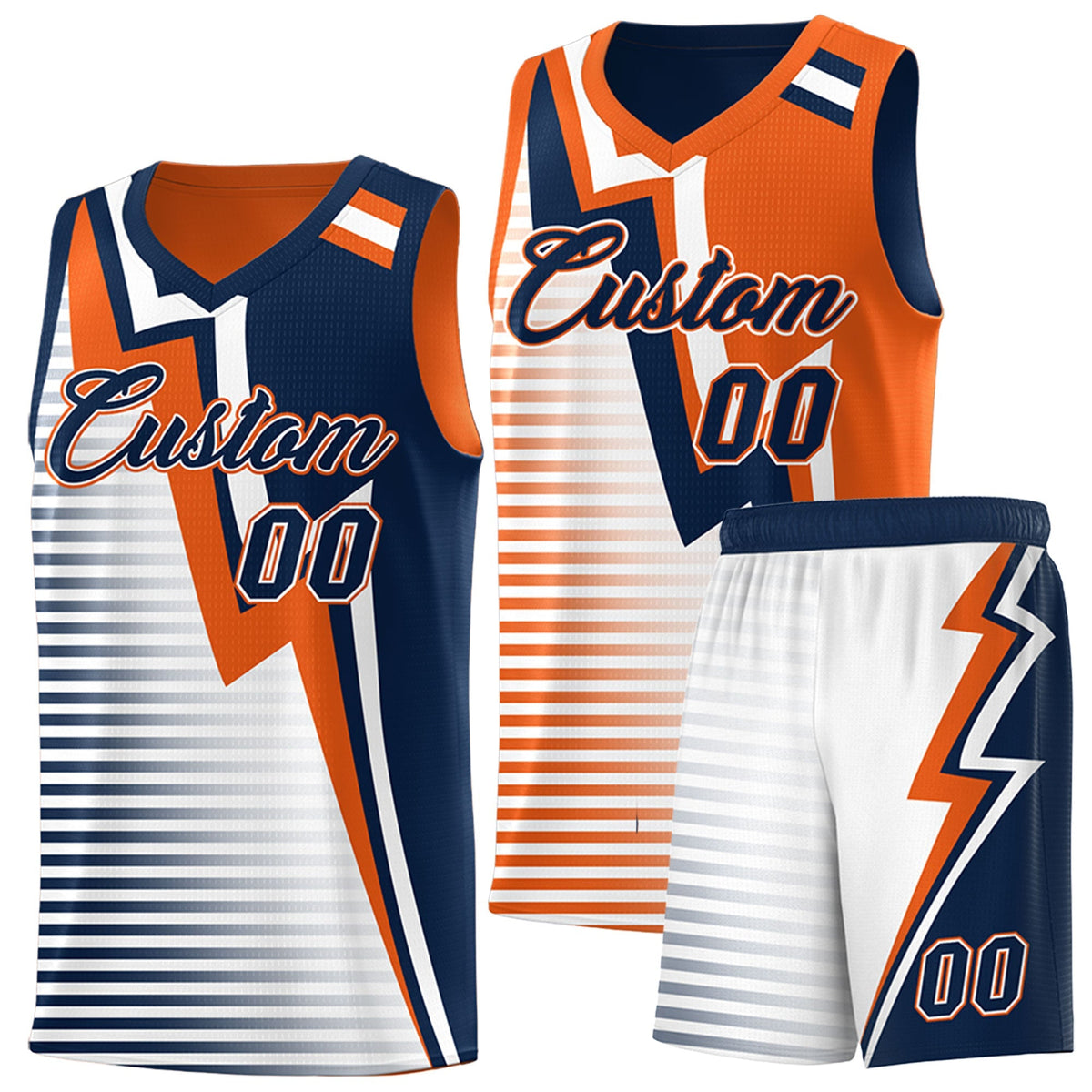 Custom Navy Orange White Gradient Stripes Lightning Pattern Reversible Sets Basketball Jersey| KXKSHOP