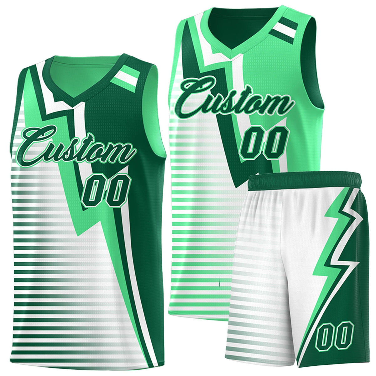 Custom Kelly Green Green White Gradient Stripes Lightning Pattern Reversible Sets Basketball Jersey| KXKSHOP