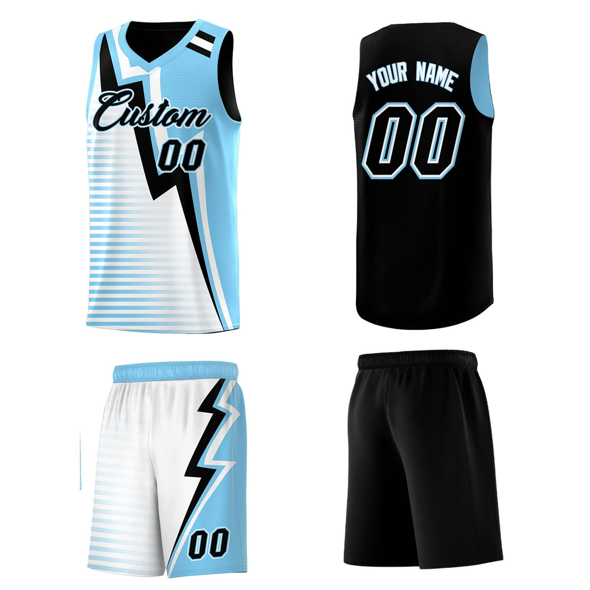 Custom Black Light Blue White Gradient Stripes Lightning Pattern Reversible Sets Basketball Jersey| KXKSHOP