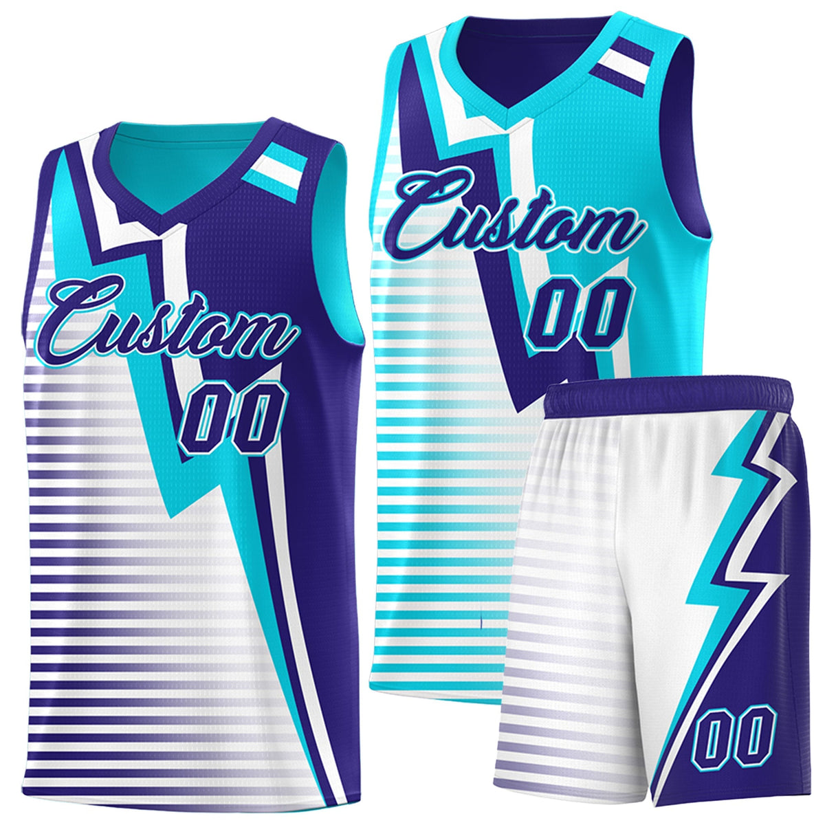 Custom Sky Blue Royal White Gradient Stripes Lightning Pattern Reversible Sets Basketball Jersey| KXKSHOP