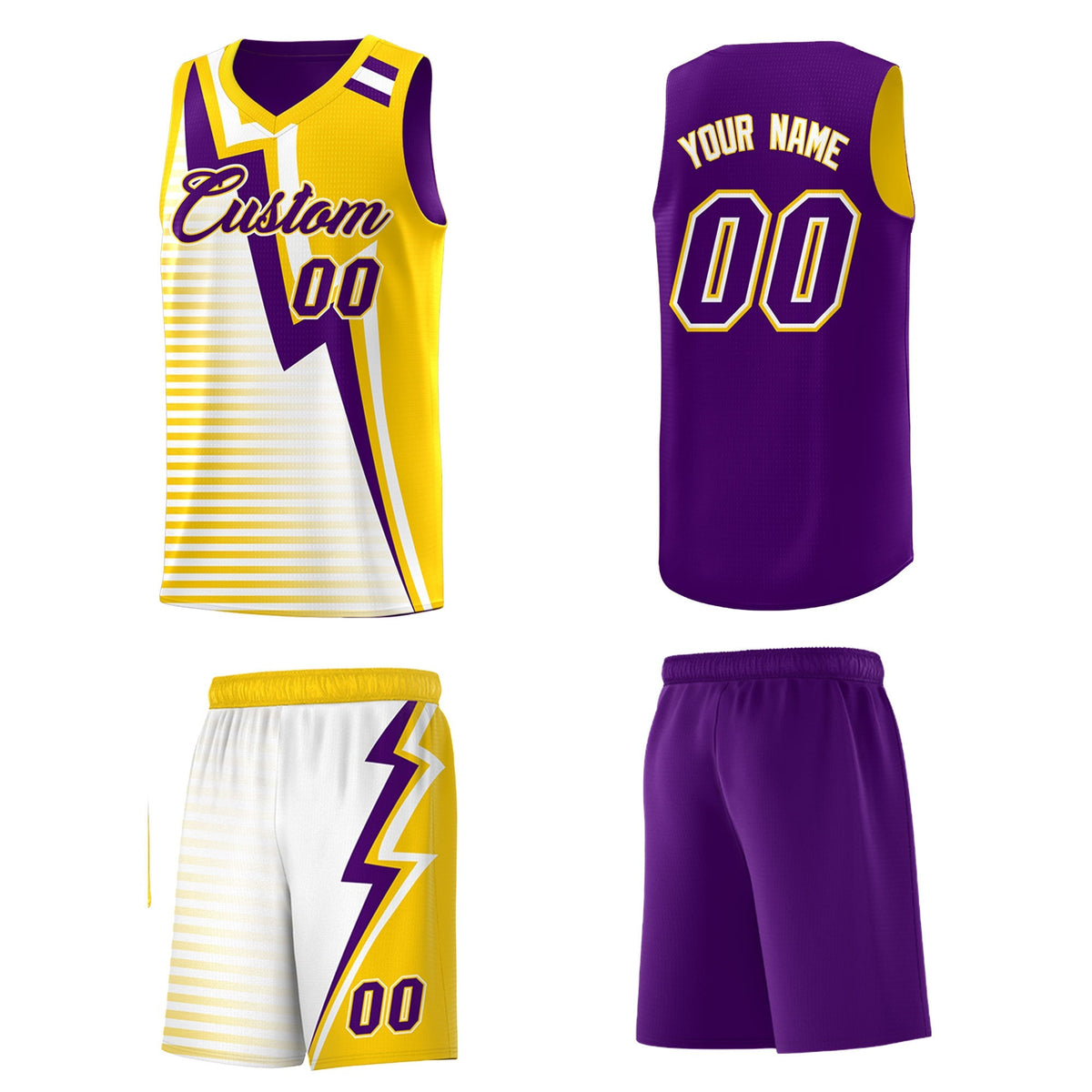 Custom Purple Gold White Gradient Stripes Lightning Pattern Reversible Sets Basketball Jersey| KXKSHOP