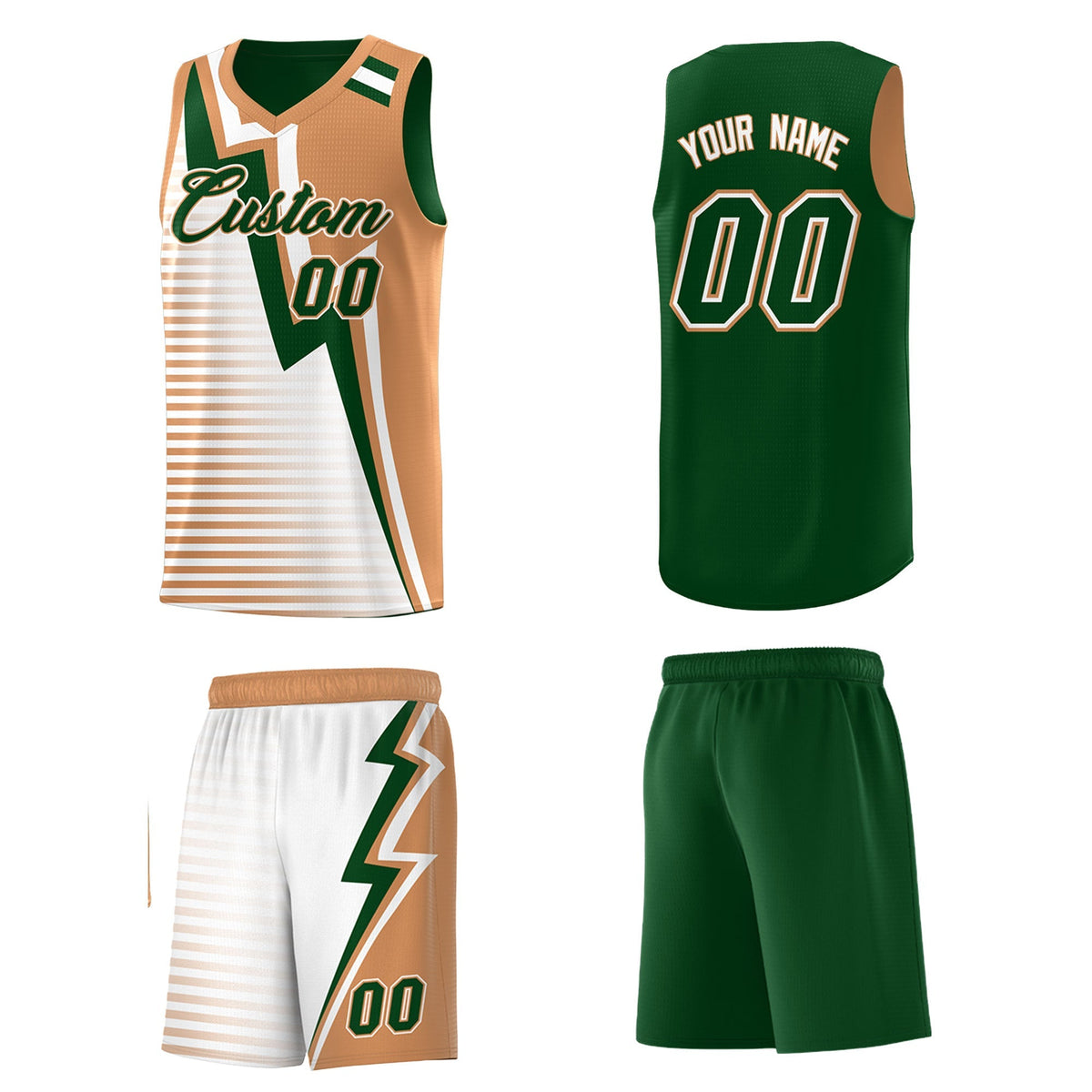 Custom Green Buckskin Brown White Gradient Stripes Lightning Pattern Reversible Sets Basketball Jersey| KXKSHOP