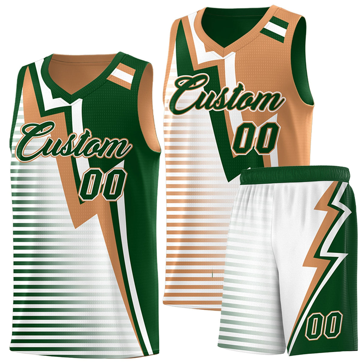 Custom Green Buckskin Brown White Gradient Stripes Lightning Pattern Reversible Sets Basketball Jersey| KXKSHOP