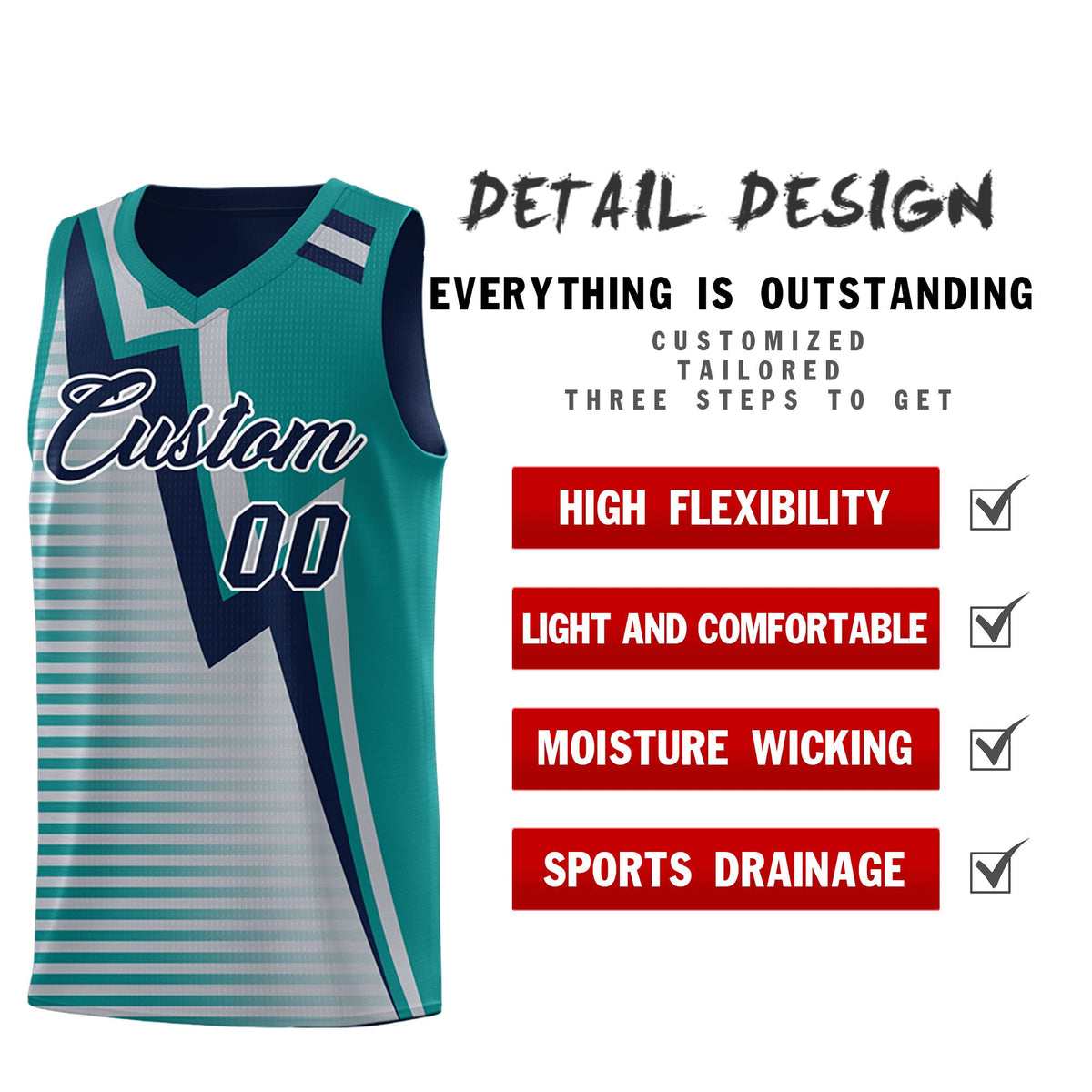Custom Navy Teal Gray Gradient Stripes Lightning Pattern Reversible Sets Basketball Jersey| KXKSHOP