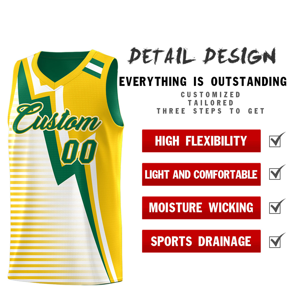 Custom Kelly Green Gold White Gradient Stripes Lightning Pattern Reversible Sets Basketball Jersey| KXKSHOP