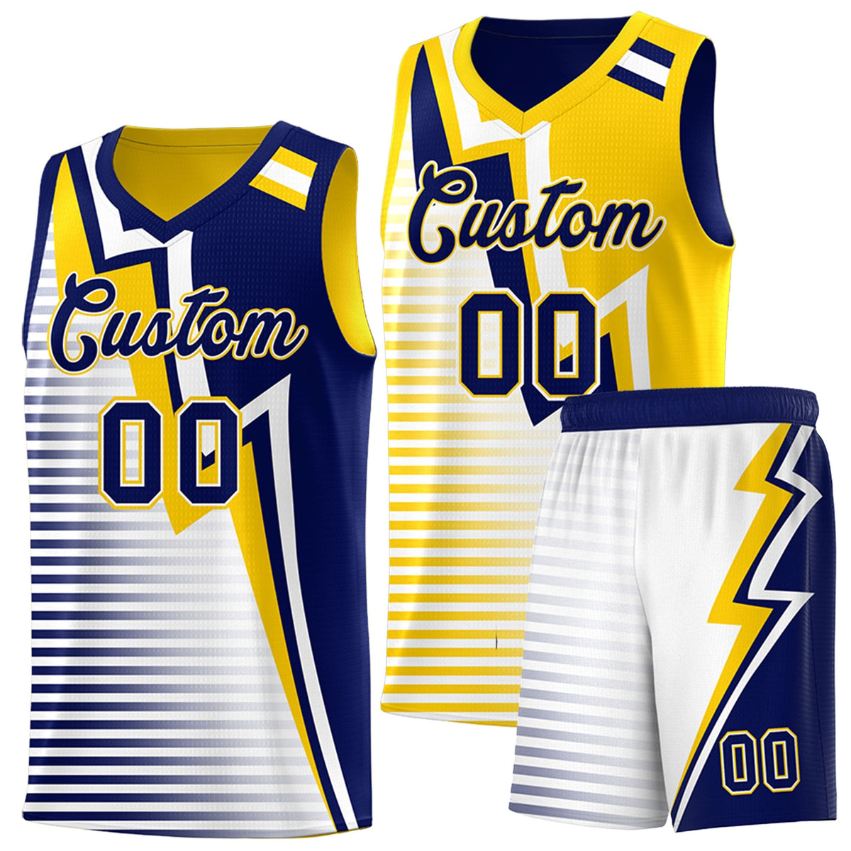 Custom Navy Gold White Gradient Stripes Lightning Pattern Reversible Sets Basketball Jersey| KXKSHOP
