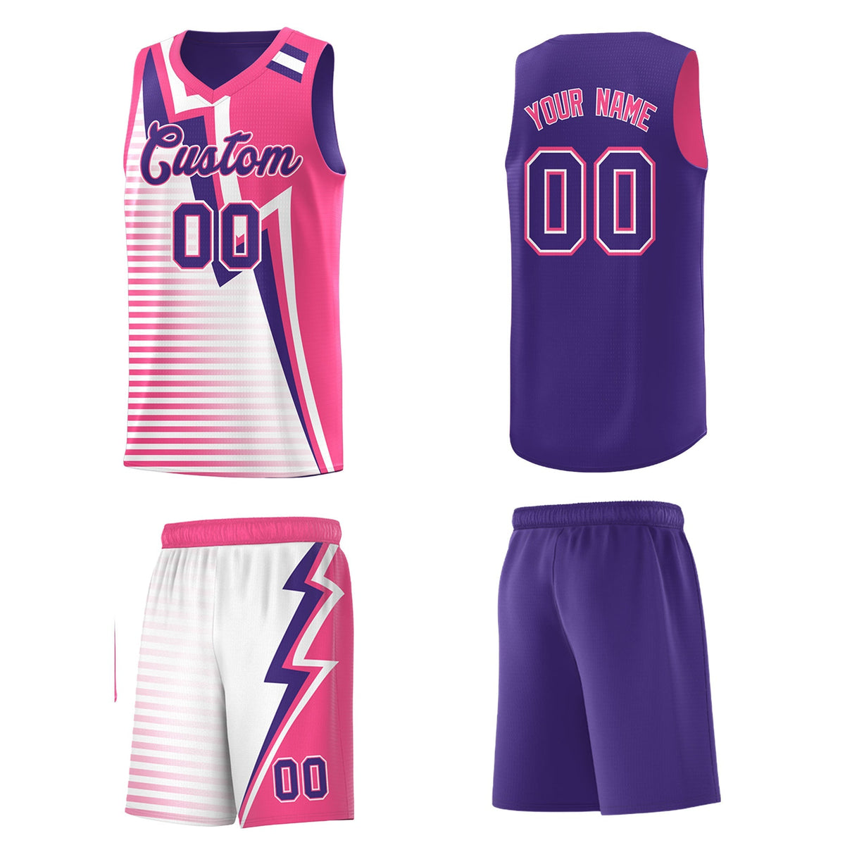 Custom Purple Pink White Gradient Stripes Lightning Pattern Reversible Sets Basketball Jersey| KXKSHOP