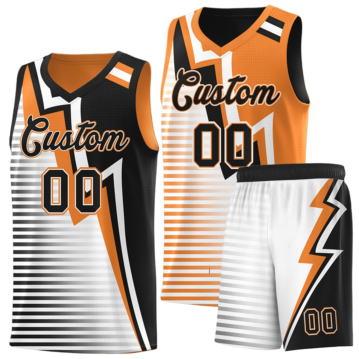 Custom Black Gold Orange White Gradient Stripes Lightning Pattern Reversible Sets Basketball Jersey| KXKSHOP