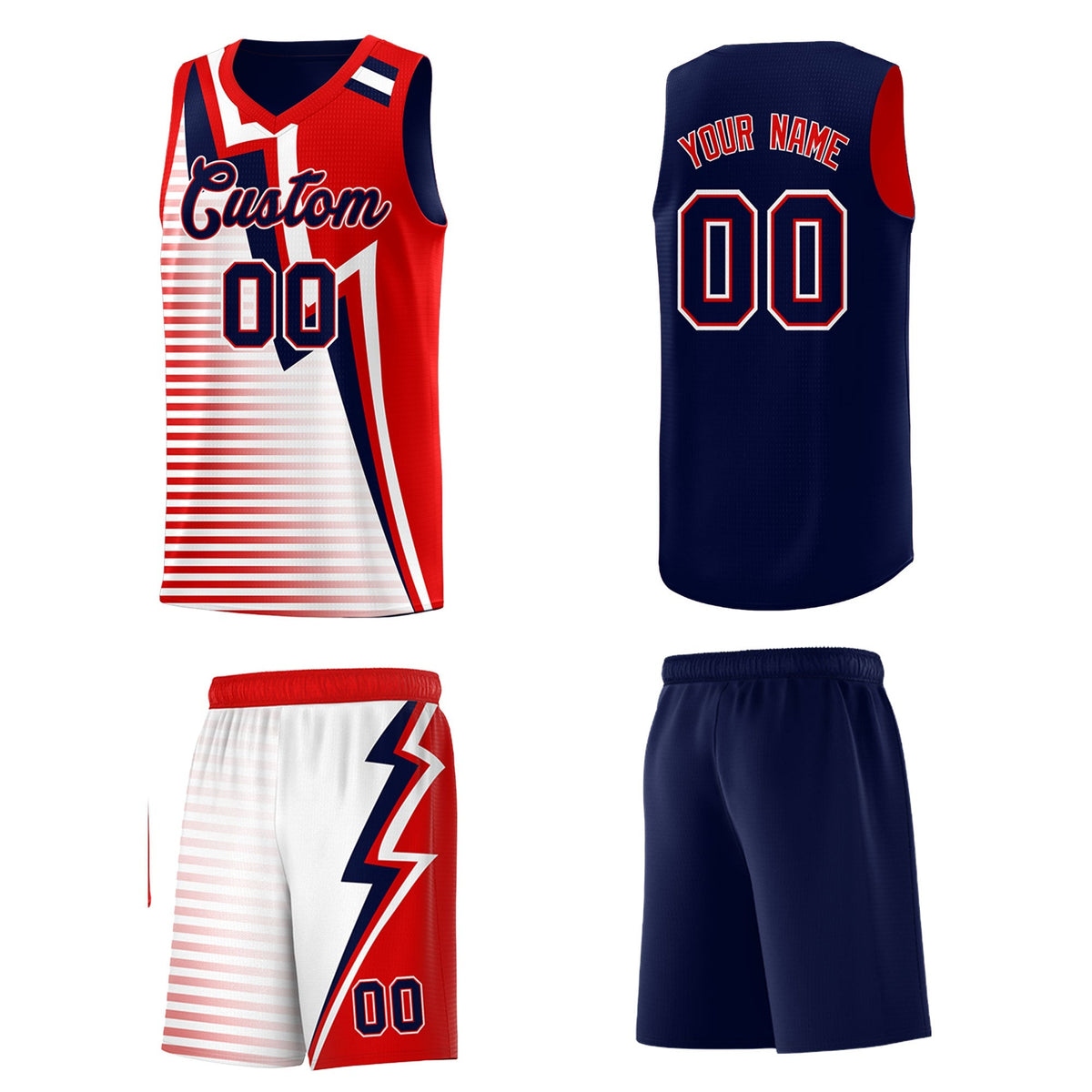 Custom Navy Red White Gradient Stripes Lightning Pattern Reversible Sets Basketball Jersey| KXKSHOP