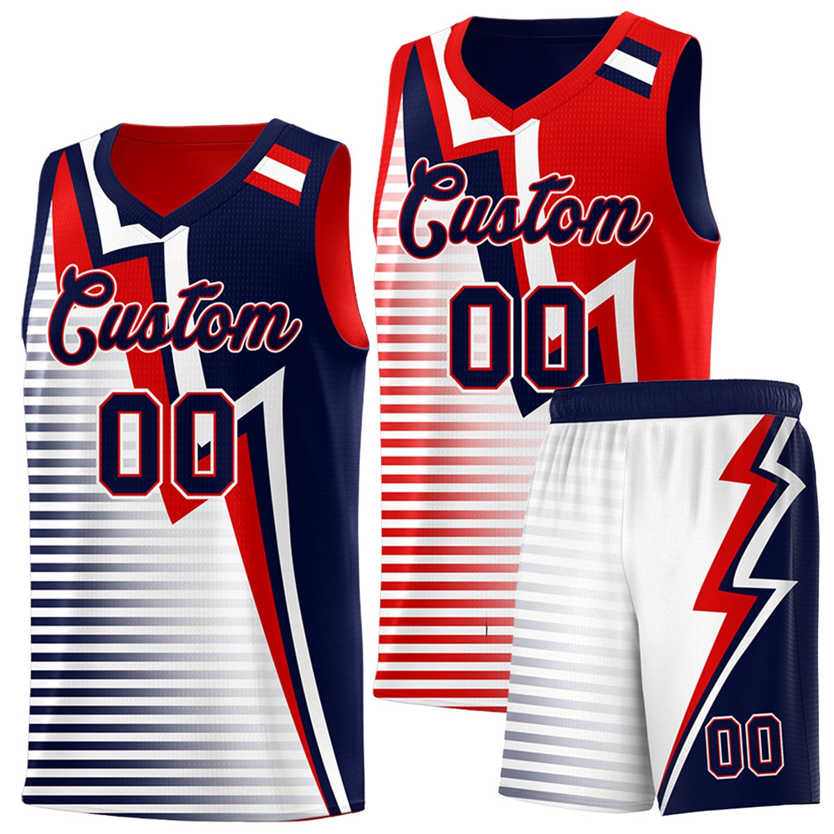 Custom Navy Red White Gradient Stripes Lightning Pattern Reversible Sets Basketball Jersey| KXKSHOP