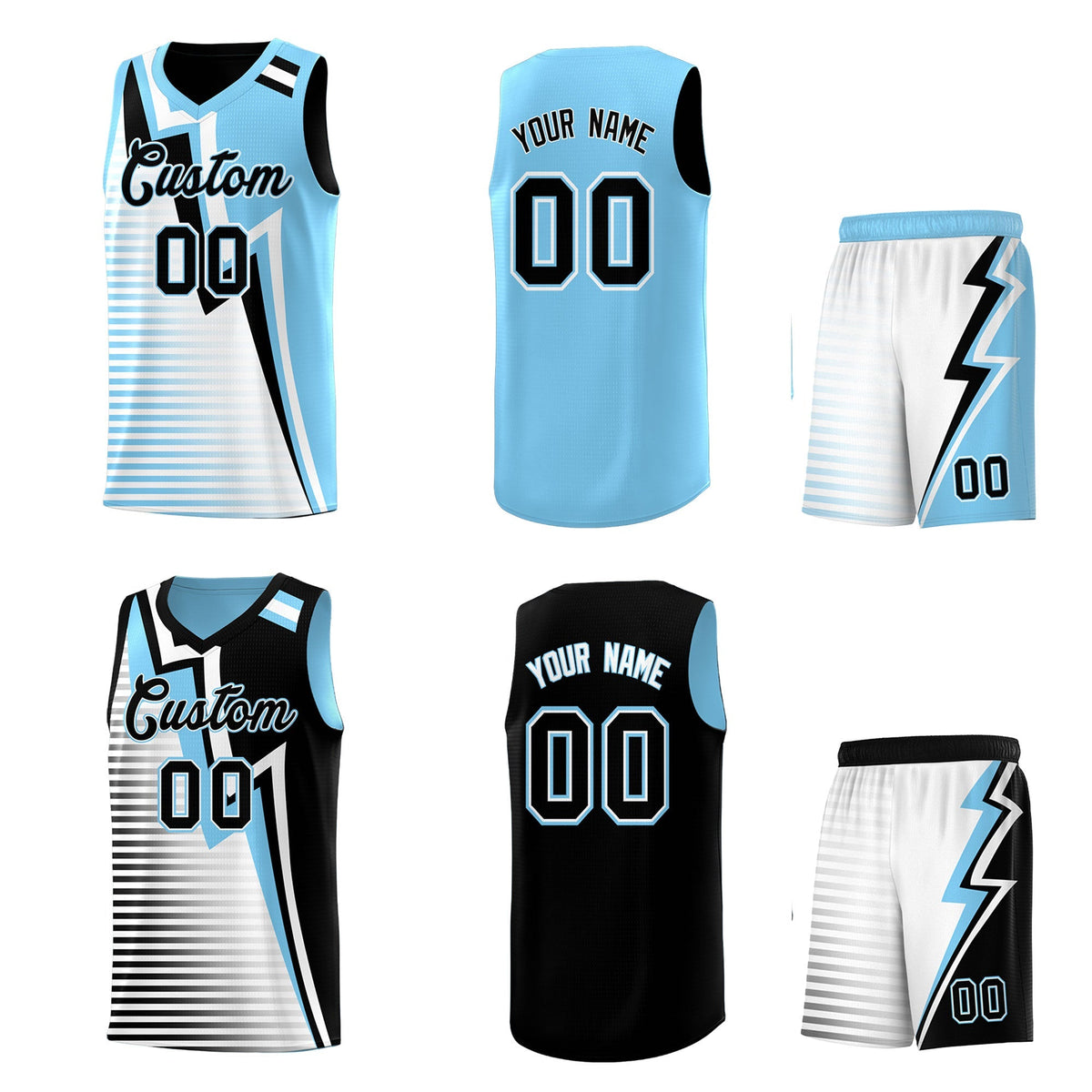Custom Black Light Blue White Gradient Stripes Lightning Pattern Reversible Sets Basketball Jersey| KXKSHOP