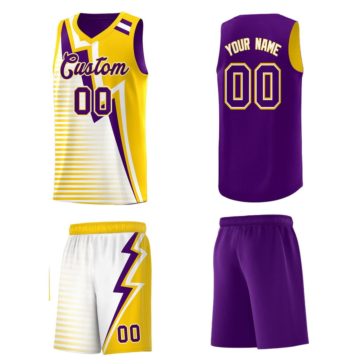 Custom Purple Gold White Gradient Stripes Lightning Pattern Reversible Sets Basketball Jersey| KXKSHOP