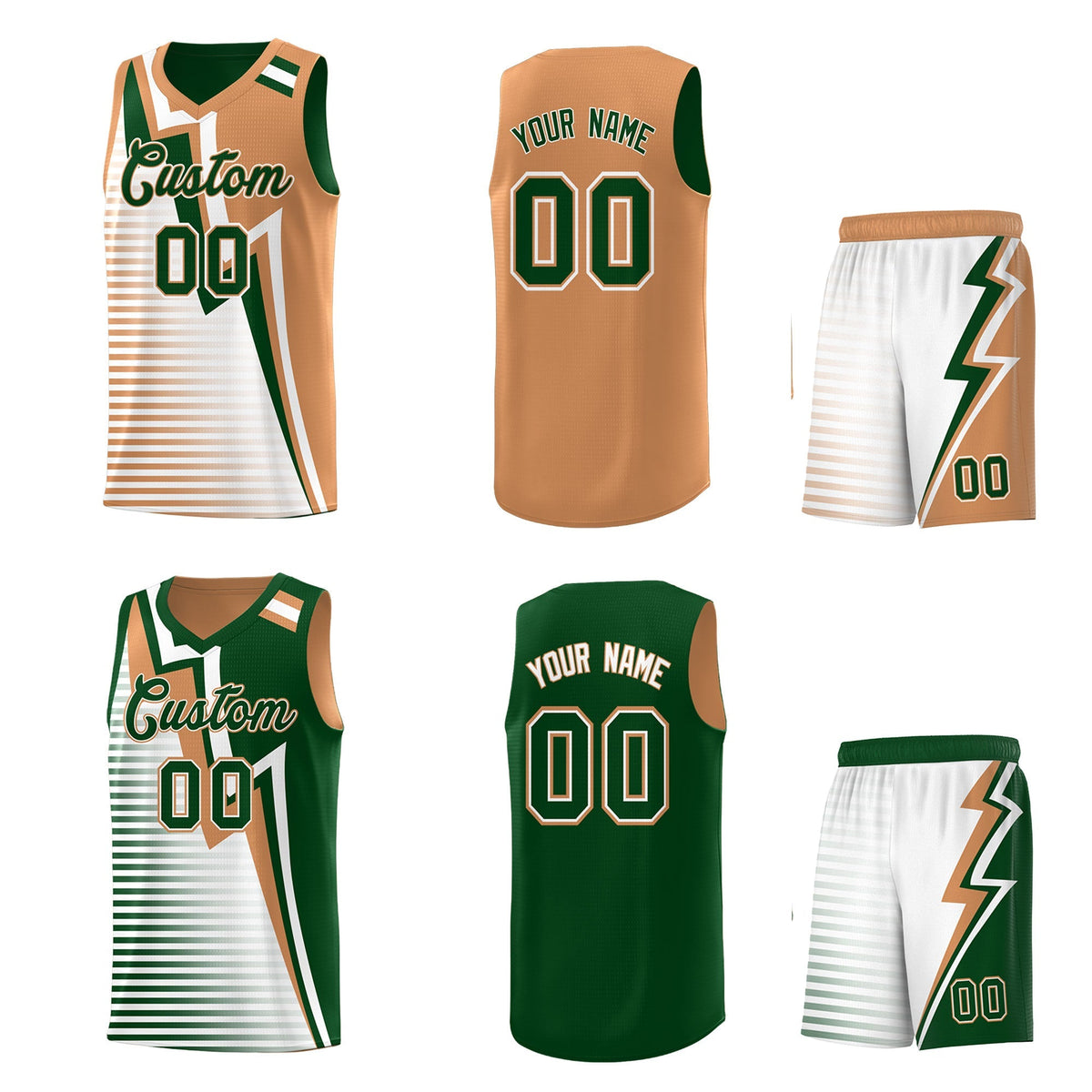 Custom Green Buckskin Brown White Gradient Stripes Lightning Pattern Reversible Sets Basketball Jersey| KXKSHOP