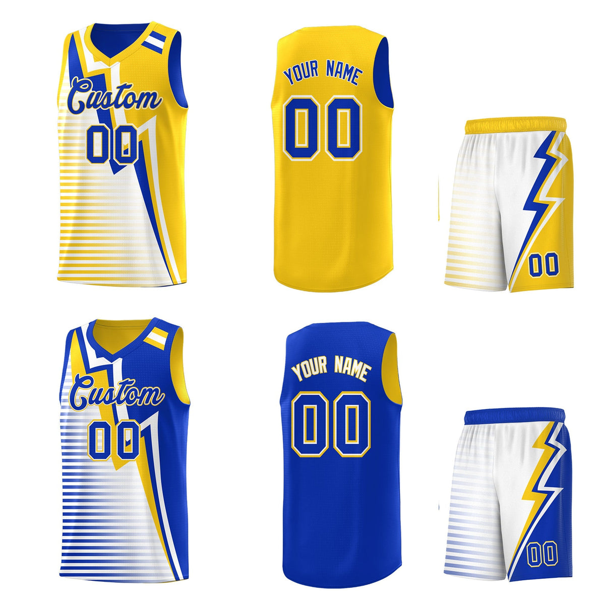 Custom Royal Blue Gold White Gradient Stripes Lightning Pattern Reversible Sets Basketball Jersey| KXKSHOP